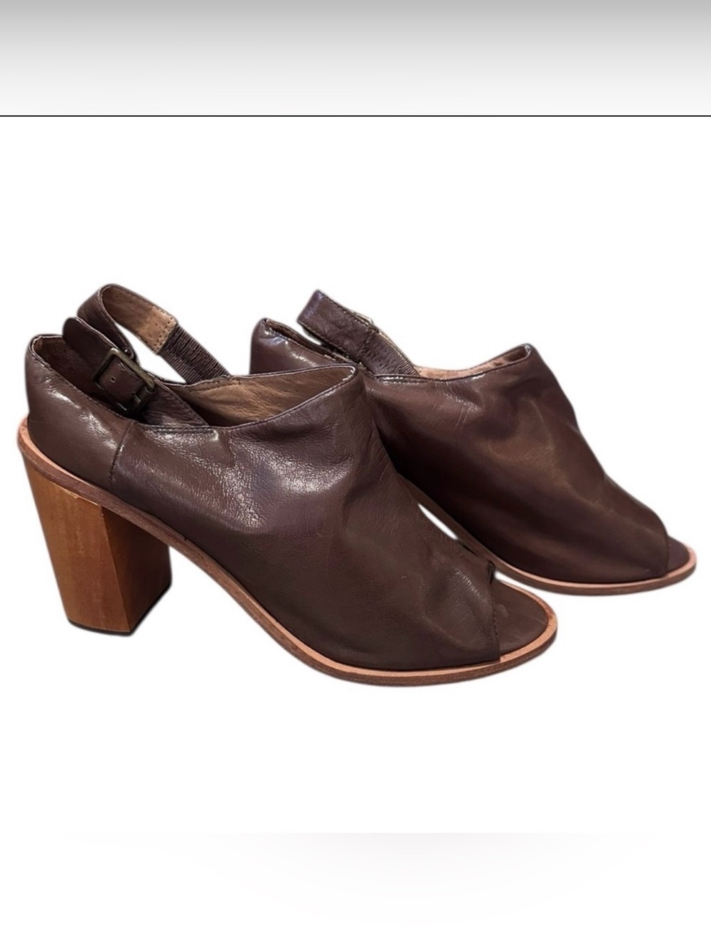 Fiel Elegant Brown Leather Women's Open Toe Block Heel Booties Size 11 EUC